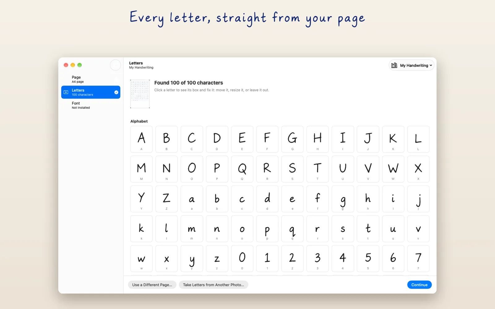 The Letters grid, showing 100 of 100 characters found