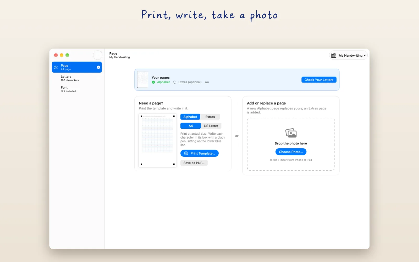 The Page screen, with the template to print and a place to drop the photo