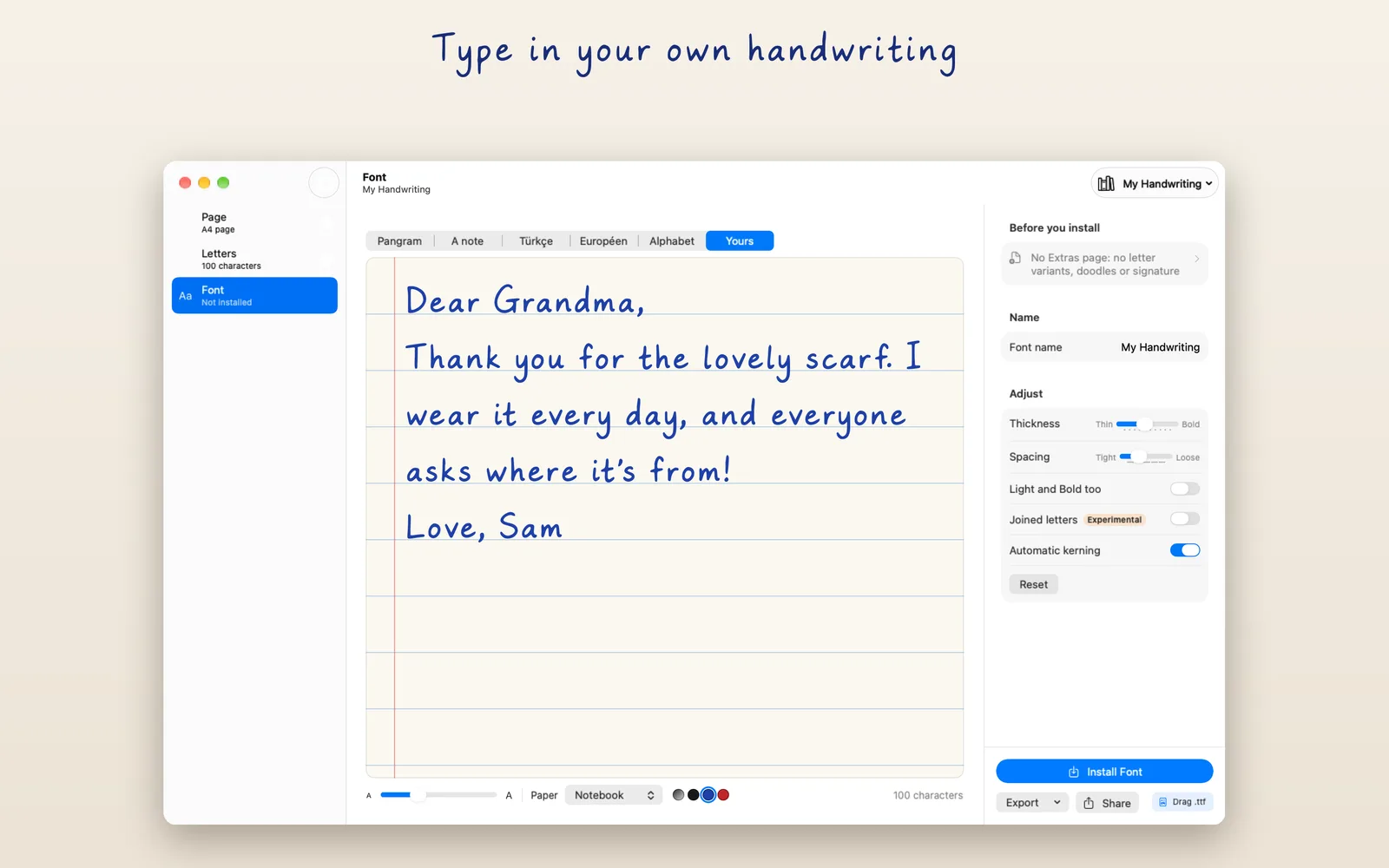 The Font screen, with a letter typed on notebook paper and the adjustment controls