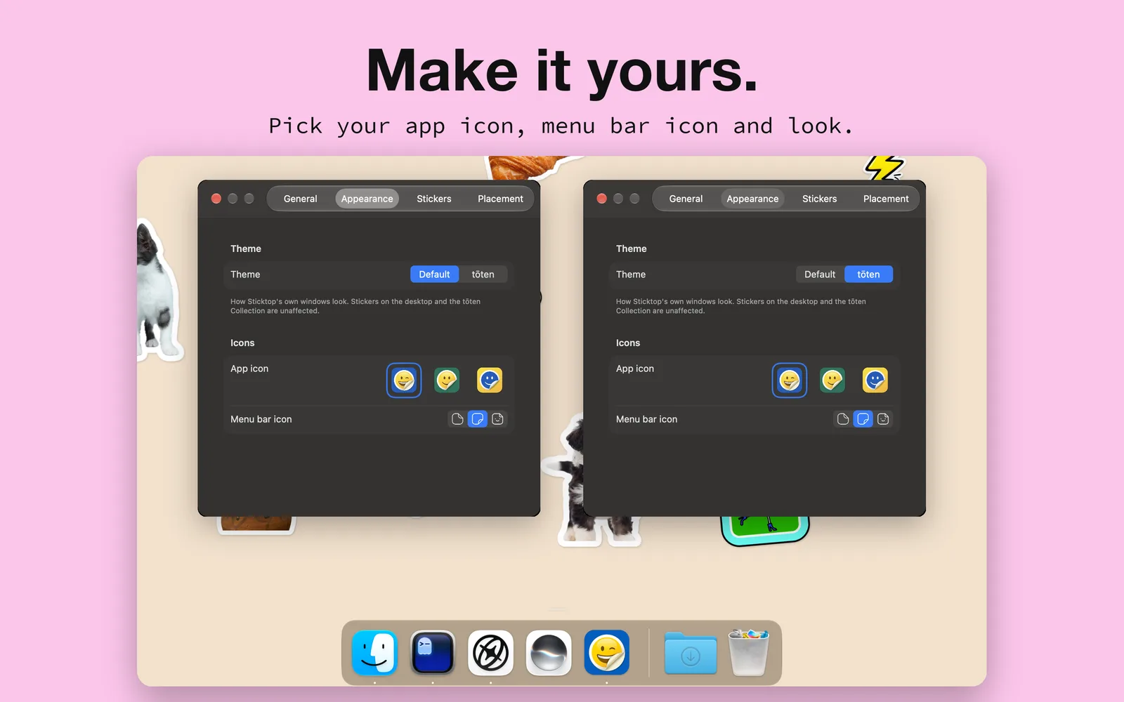 Sticktop's appearance settings in two themes, choosing the app icon and menu bar icon