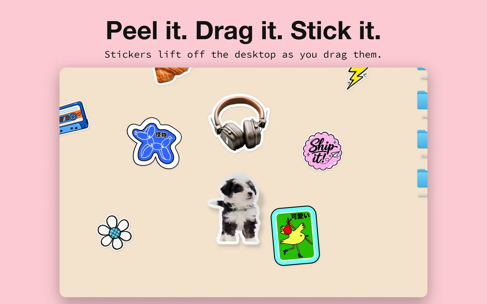 A sticker lifting off the desktop as it is dragged, with its edge curling