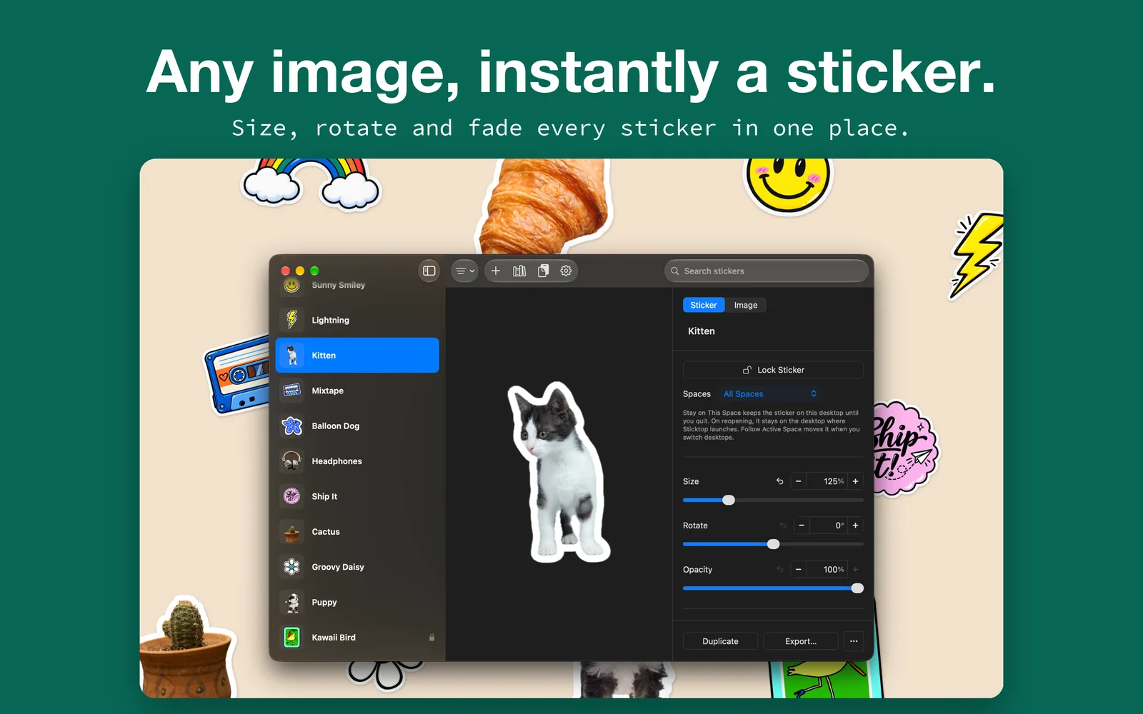 The Sticktop window, with the sticker list, a preview and the size, rotation and opacity settings