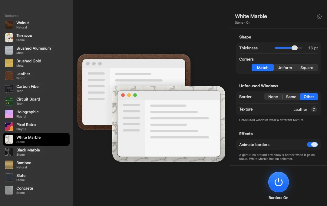 The Windowcase window, with the texture list, a live preview and the border settings